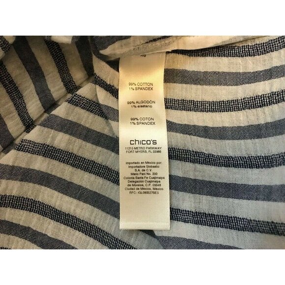 CHICO'S Fluted Sleeve Blouse Top Size 1 Cotton White Blue Striped Notch Neckline - Picture 7 of 7